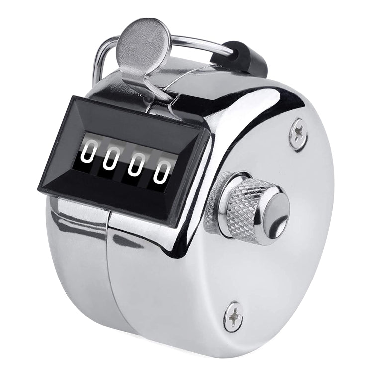 Chrome metal hand tally counter with 4-digit display window and reset knob