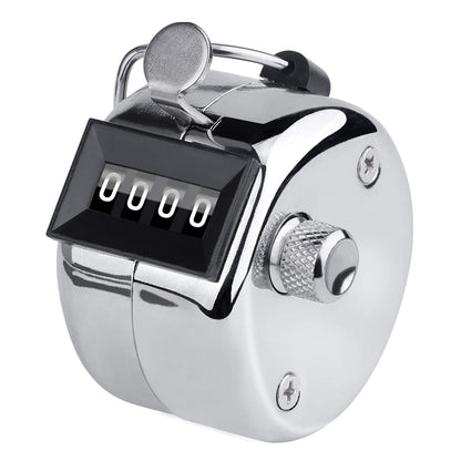 Chrome metal hand tally counter with 4-digit display window and reset knob