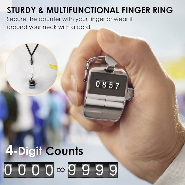 Metal finger-ring hand tally counter with 4-digit display held in a hand