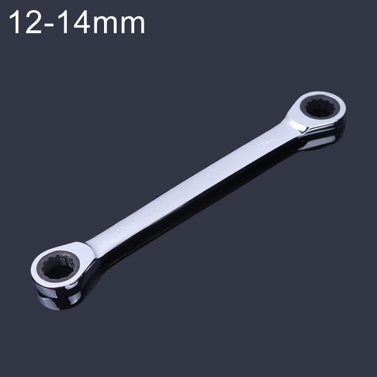 Double-head ratchet wrench, 12–14mm size, chrome finish with two socket ends