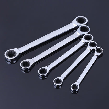 5-piece double-head ratchet wrench set, chrome finish, six-sided socket ends