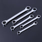 Five chrome double-head ratchet wrenches, angled view of socket heads