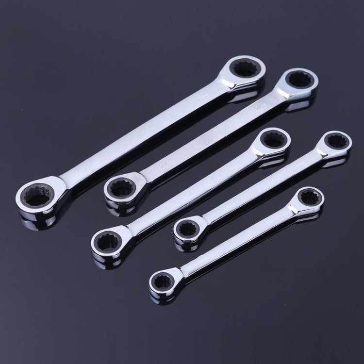 Five chrome double-head ratchet wrenches, angled view of socket heads