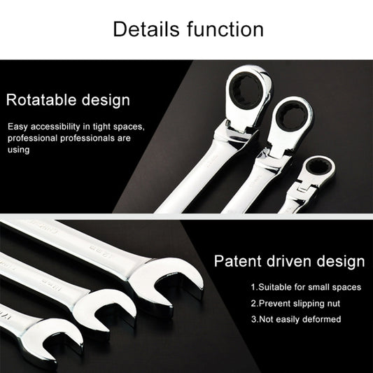 Angled ratcheting open-end wrench with rotating head, chrome finish