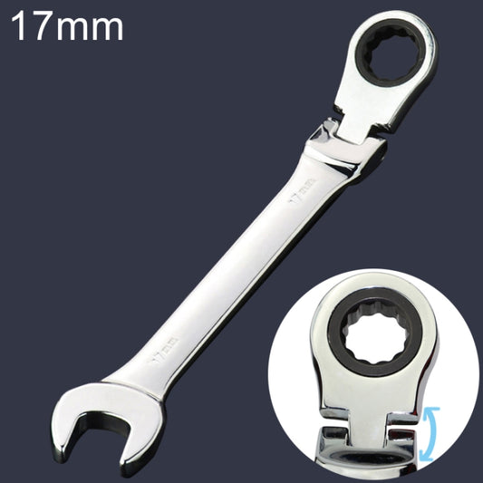17mm ratcheting angled open-end wrench with rotating head, chrome finish
