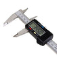 Digital LCD vernier caliper angled view, LCD screen showing measurement digits and buttons