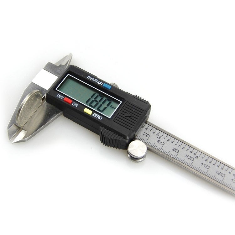 Digital LCD vernier caliper with extended measuring rod, stainless scale and black housing