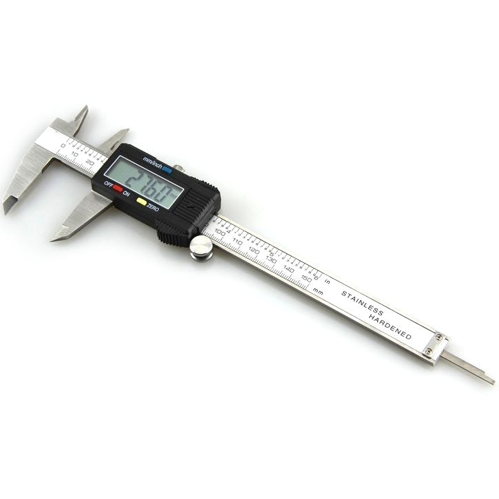 Digital LCD vernier caliper with open jaws and stainless scale, black body and thumb knob