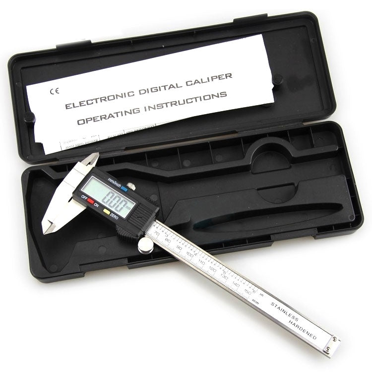 Digital LCD vernier caliper set in black case, stainless measuring scale and LCD unit