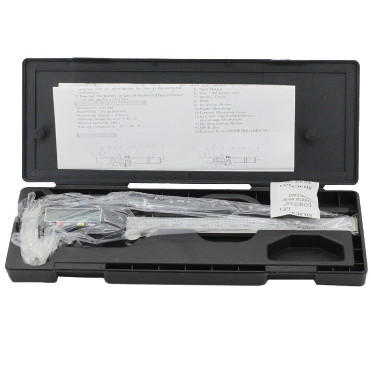 Digital LCD vernier caliper in open case with instruction sheet and packaged parts