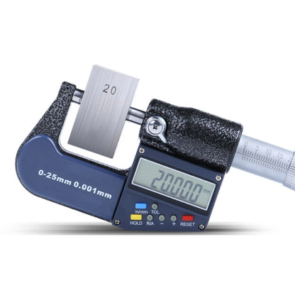Digital micrometer caliper with blue screen, black case, and silver measuring rod