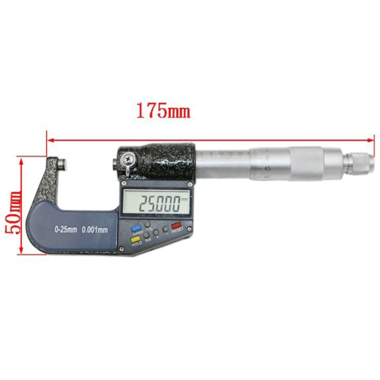 Digital micrometer with blue base, silver rod, and LCD reading 0.5000