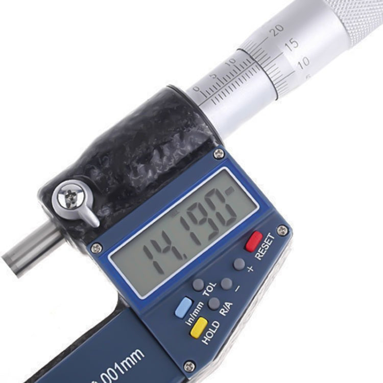Digital micrometer head with LCD display and silver sleeve, blue control panel