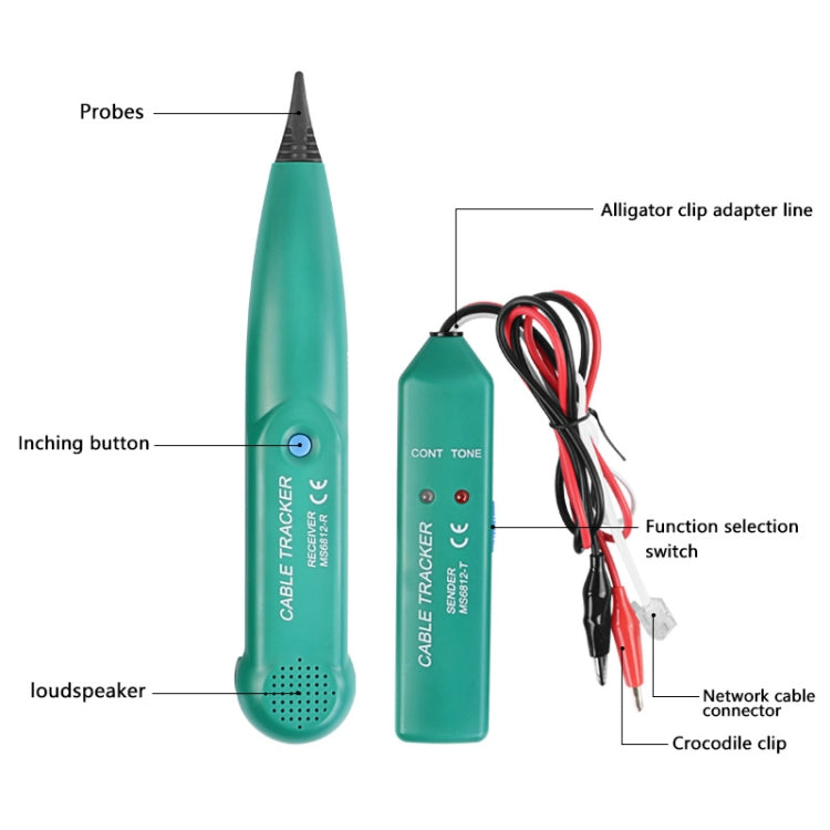 Teal cable tracker tester with probe tip, speaker grille, and function switch