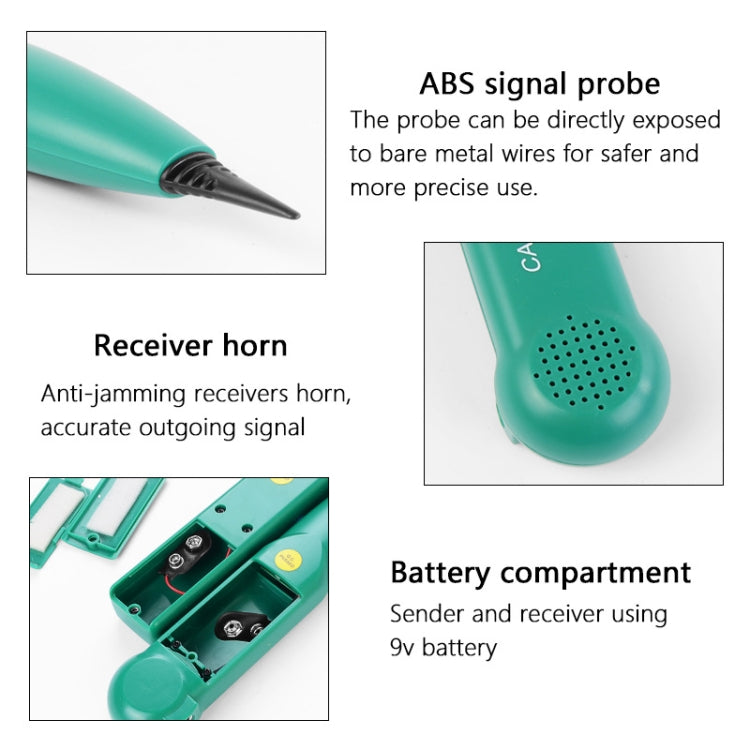 Teal cable tracker tester with exposed signal probe, receiver horn, and battery compartment