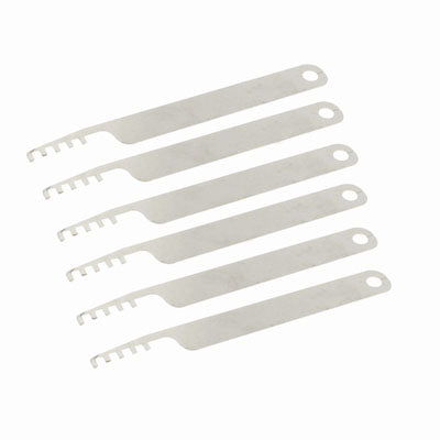 Set of six metal lock opener tools with toothed ends and hanging holes