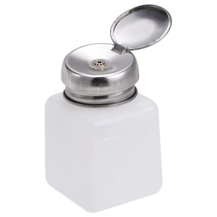 100ml push-down dispenser bottle with white body and open silver cap