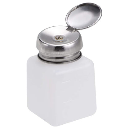 100ml push-down dispenser bottle with white body and open silver cap