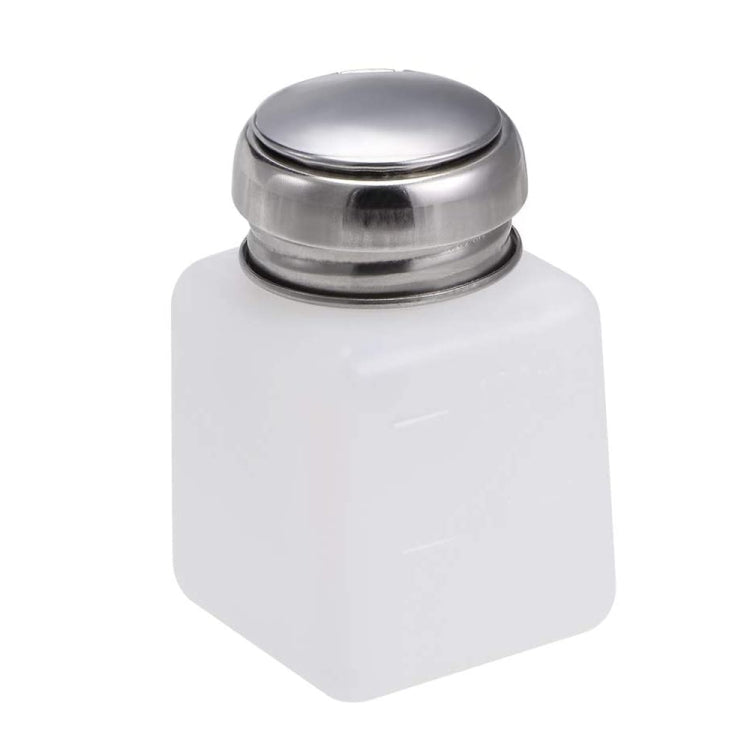 100ml push-down dispenser bottle with white body and closed silver cap