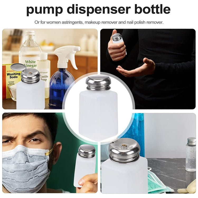 Compact white translucent dispenser bottle with silver push-down flip-top cap