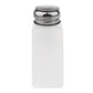 White liquid dispenser bottle with silver metal push-down cap