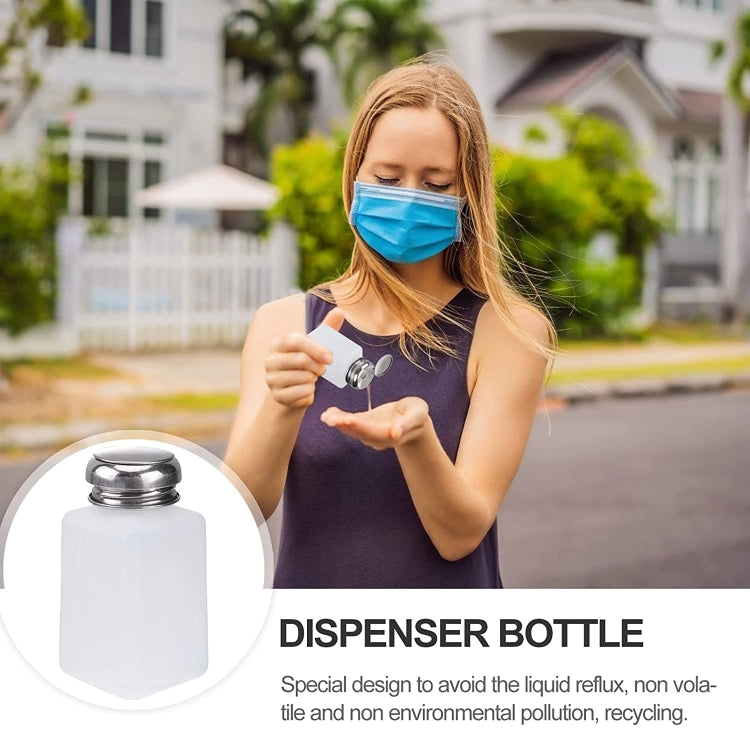 White pump dispenser bottle with silver push-down pump cap