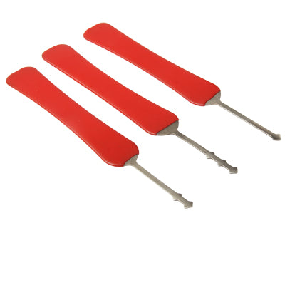3-piece lock pick set with red handles and metal pick tools