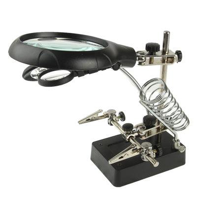LED clip magnifier with soldering stand, black base and clamp arm
