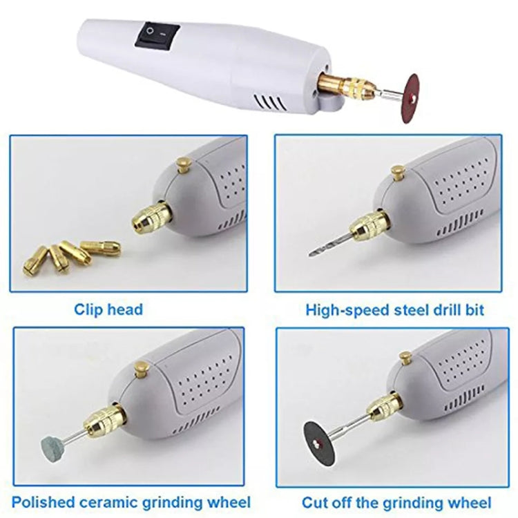 White mini electric drill with brass chuck and polishing/grinding wheel accessories