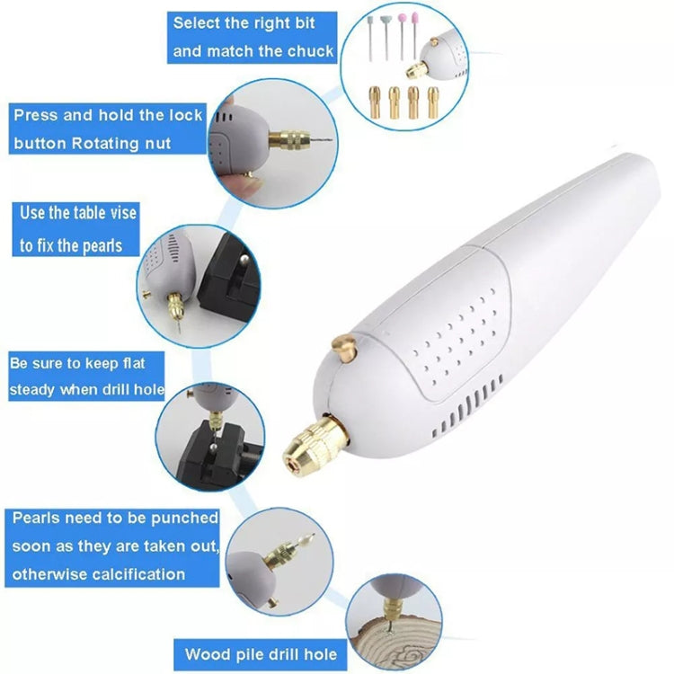 Super mini electric drill with rotating chuck and accessory bit set, shown with diagram