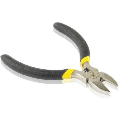 Chrome diagonal pliers with black rubber handles and yellow grip, 5 in