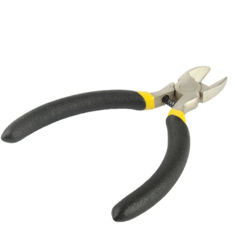 Angled cutting pliers with chrome jaws and yellow-and-black grip handles, 5 in