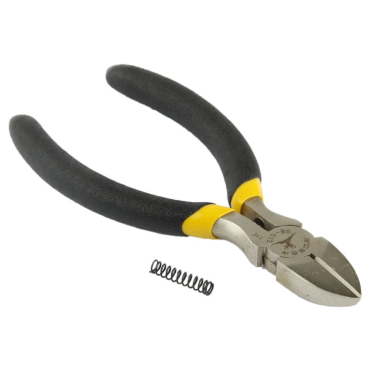 Chrome diagonal pliers with yellow-and-black insulated handles and angled cutters, 5 in
