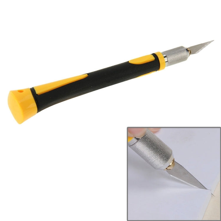 Carving knife with replaceable blade, black and yellow handle, metal tip