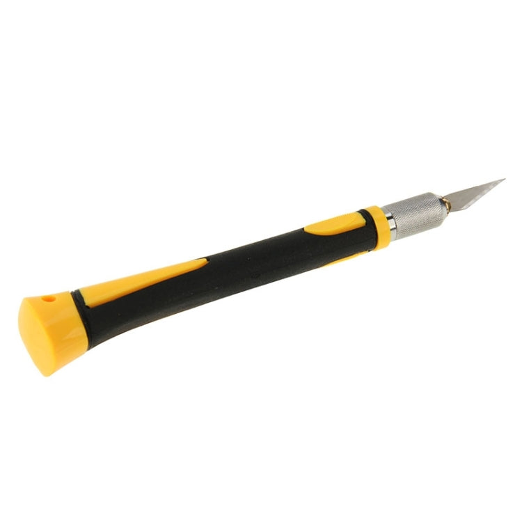 Carving knife with replaceable blade, black and yellow handle, angled metal blade