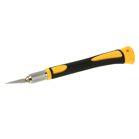 Carving knife with replaceable blade, black handle with yellow accents, metal point