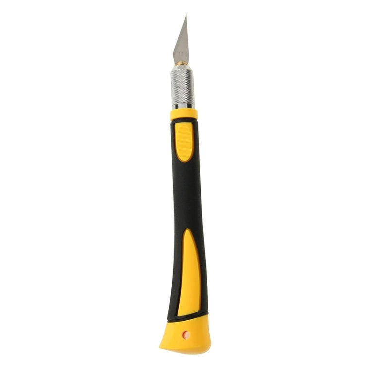 Carving knife with replaceable blade, upright handle with textured grip, metal tip