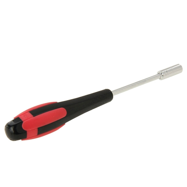 Red and black handle socket head screwdriver with metal shaft, angled view