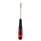 Socket head screwdriver standing upright with red accents on black handle and metal tip