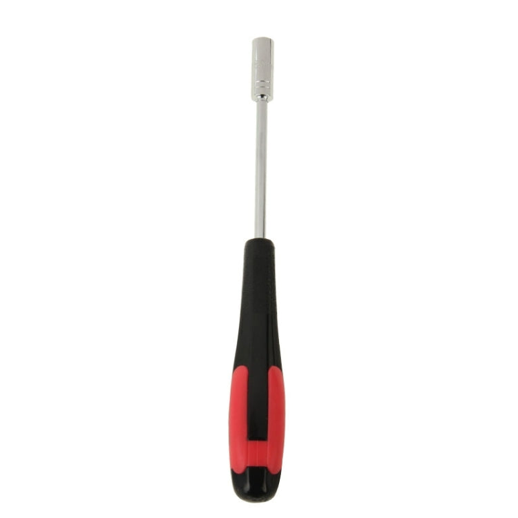 Socket head screwdriver standing upright with red accents on black handle and metal tip