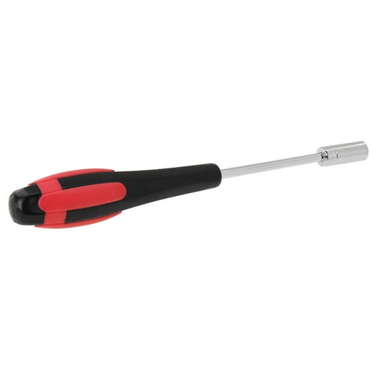 Socket head screwdriver handle with black body and red inlay, chrome shaft