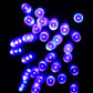 Purple and blue LED string lights with round bulbs, glowing pattern