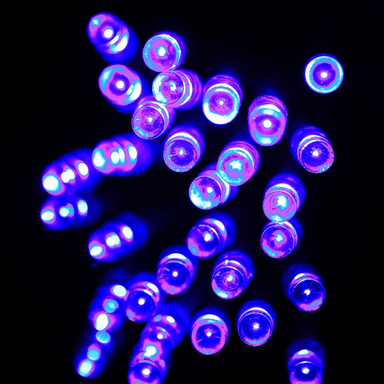 Purple and blue LED string lights with round bulbs, glowing pattern