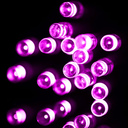 Purple LED string lights with round bulbs on clear wire, flashing effect visible