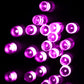 Purple LED string lights showing round bulbs on clear wire, flashing illumination