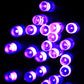 Blue-purple LED string lights with round bulbs on clear wire, flashing glow