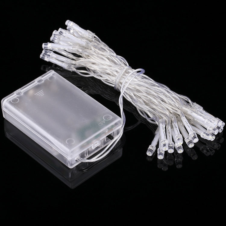 Battery-powered LED string light set with clear battery box and thin white wire
