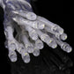 Close-up of clear RGB LED bulbs on a transparent wire strand, multiple light points