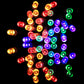 Multicolor RGB LED bulbs on a string, glowing red, green, blue and yellow points
