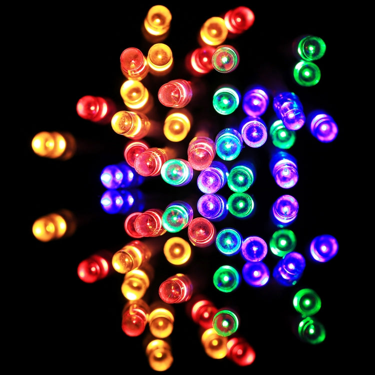 Multicolor RGB LED bulbs on a string, glowing red, green, blue and yellow points